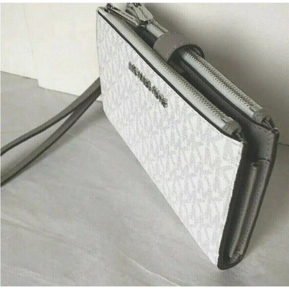New Michael Kors Jet Set Travel Double Zip Wallet Signature Bright White - Picture 3 of 6